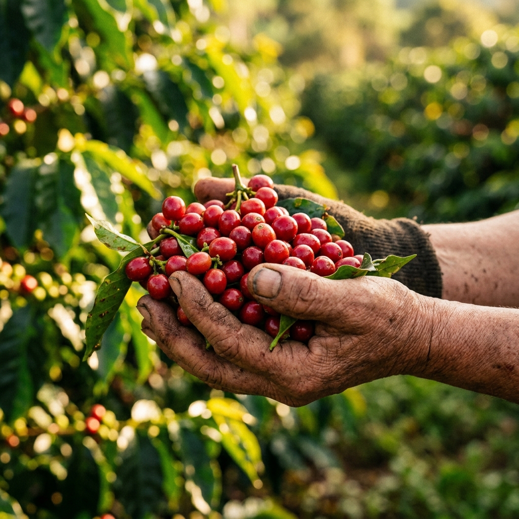 Manos cosechando cerezas de café